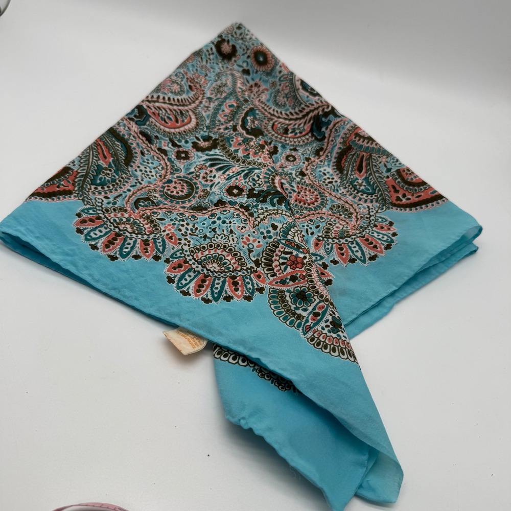 Vintage Glentex Japan Turquoise Paisley Hand Rolled Square Scarf 26" Mod Boho